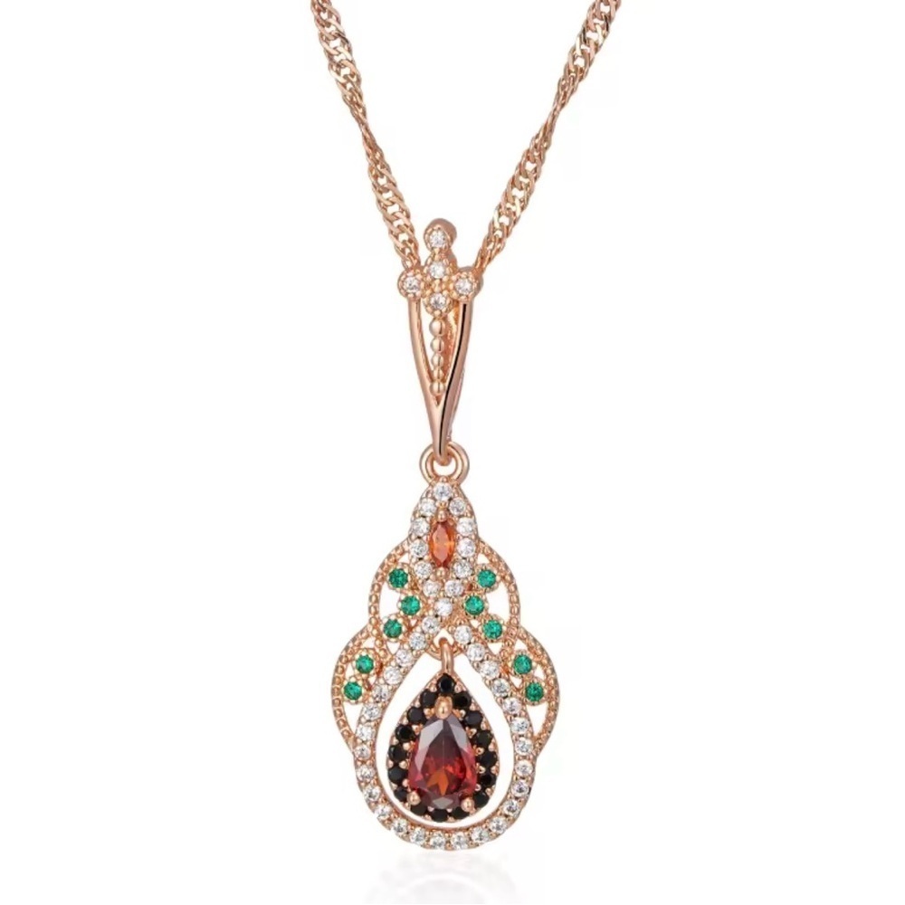 Golden Color Women’s Teardrop Cut Red/Amber Love Flower Necklace Fashion Jewelry